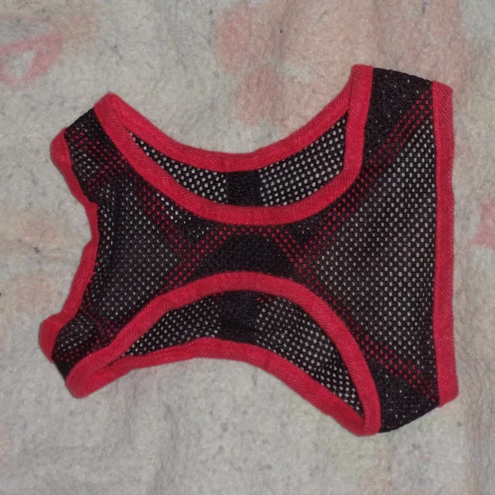 Black and red mesh dog harness and leash with hook and loop closure size large